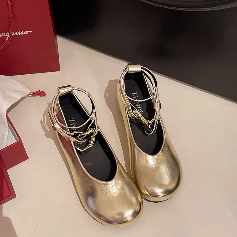 binfenxie  -  2024 New Designer Women Ballet Flats Ankle Strap Mary Jane Shoes Ladies Round Toe Metal Ring Flat Shoes Retro Casual Loafers