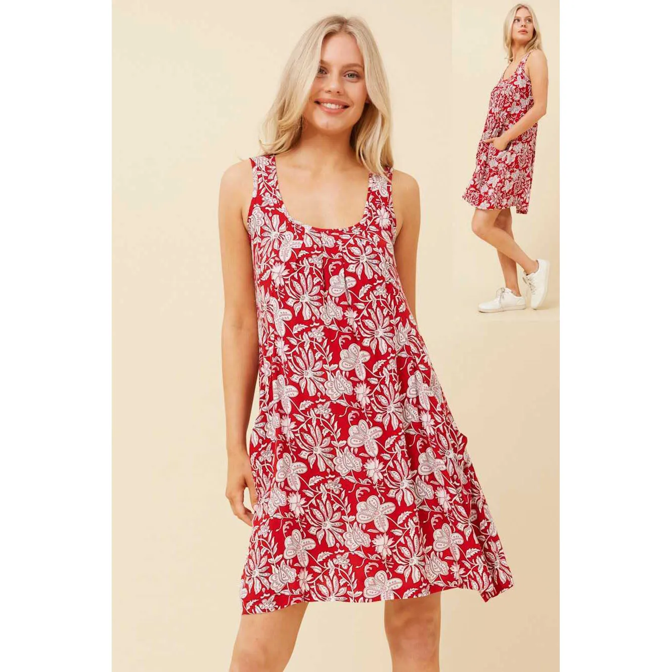 Floral Dress With Pocket  - Red